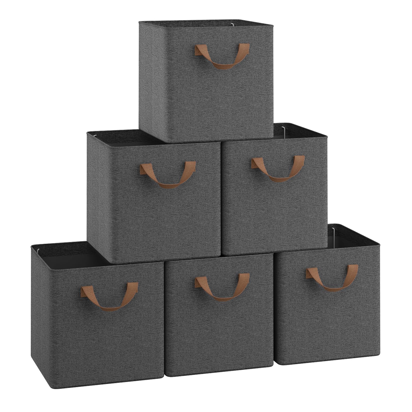 WOLTU Fabric Storage Boxes Set of 6, Collapsible Cube Baskets with Handles and Metal Frame, Wardrobe Organisers for Living Room, Study, Bedroom, Linen, Grey, 32x32x31cm — image 1