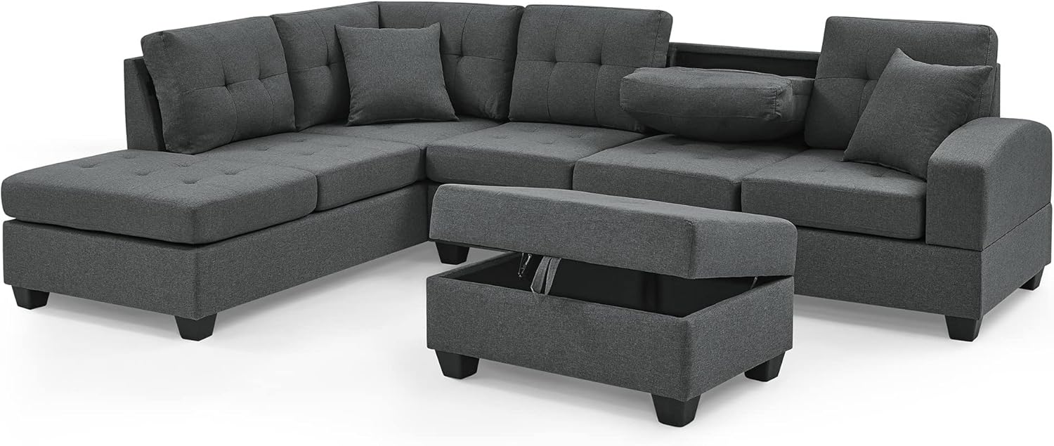 UBGO Sectional, L Shape Modular Storage Ottoman & Chaise, Comfy Oversized Corner Sofa Cup Holder,Fabric Living Room Furniture Couch Sets, Gray Linen
