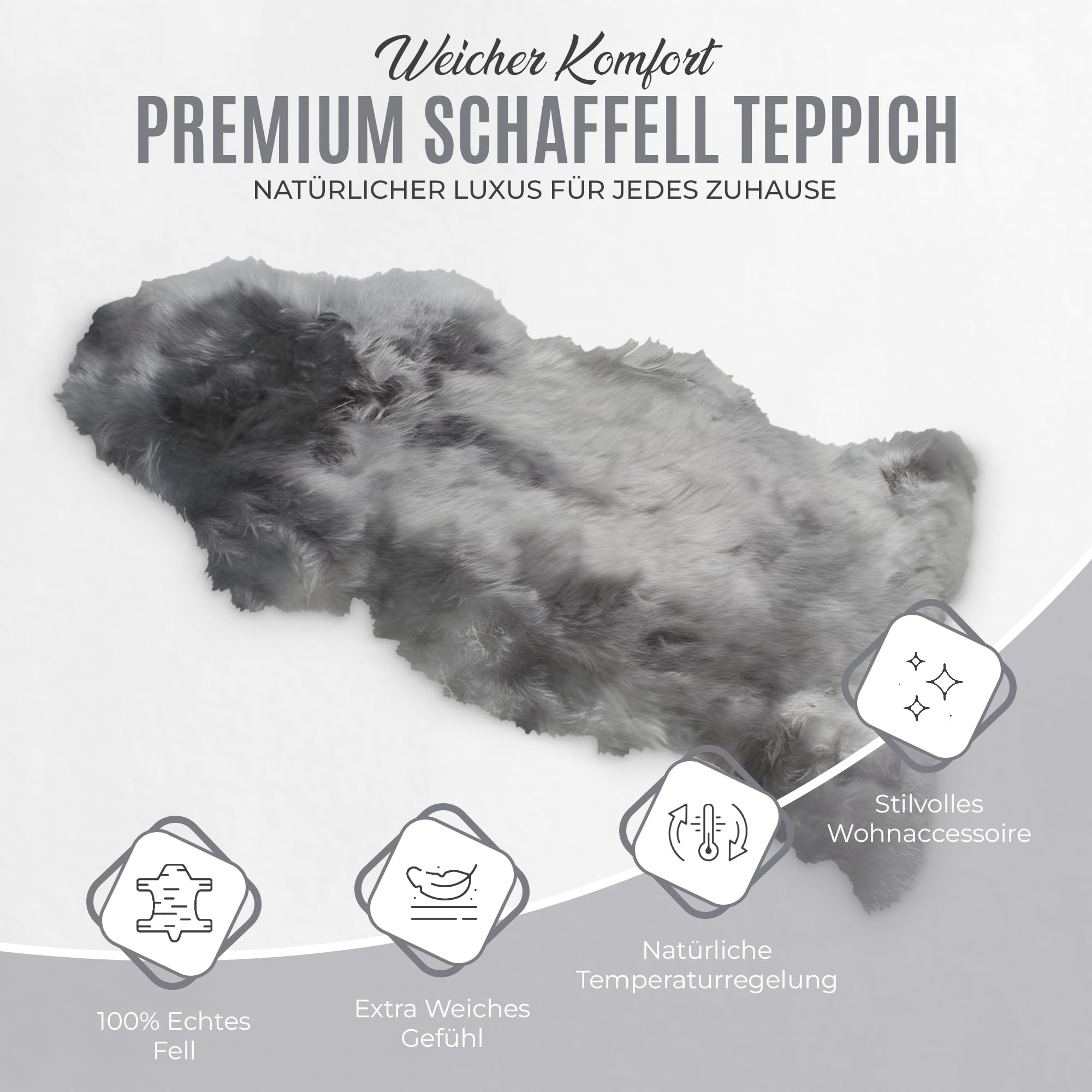 Echtes Schaffell Grau Natur – Premium Lammfell Teppich, Kuschelig Weiches Fell, Wärmeisolierend & Atmungsaktiv – Deko, Sitzauflage für Sofa, Bett & Stuhl (L:100-110cm)