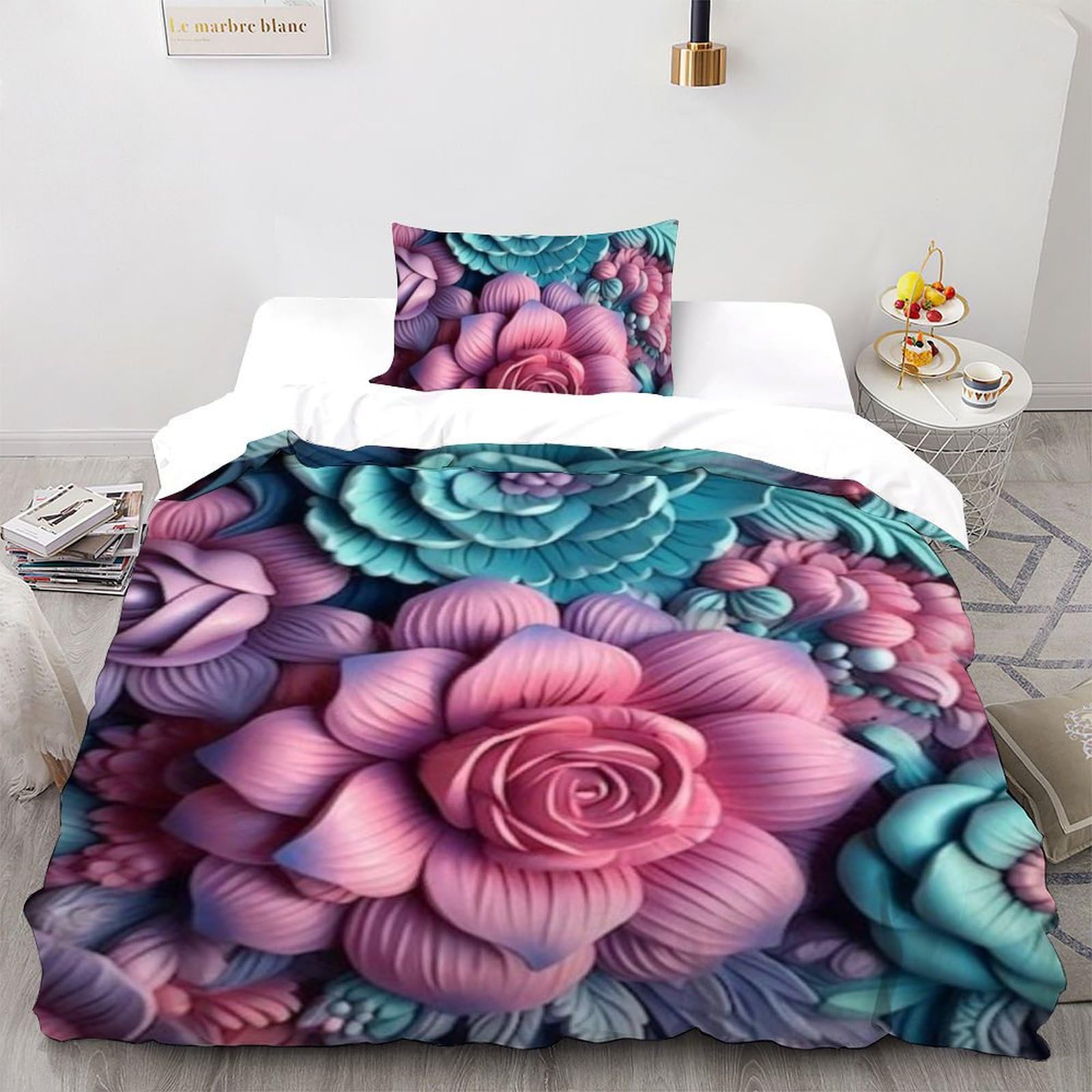 Housse de couette single fleurs roses imprimé 3D en microfibre douce avec fermeture éclair