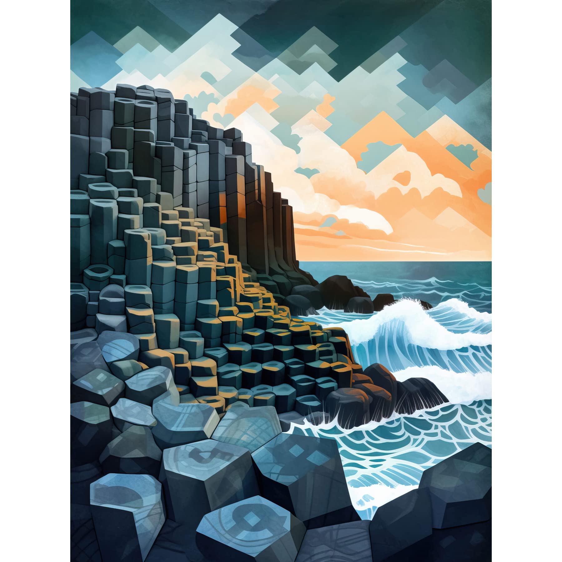 Artery8 Giant's Causeway Northern Ireland Basalt Formations and Polygonal Clouds Modern Watercolour Painting Large XL Wall Art Canvas Print
