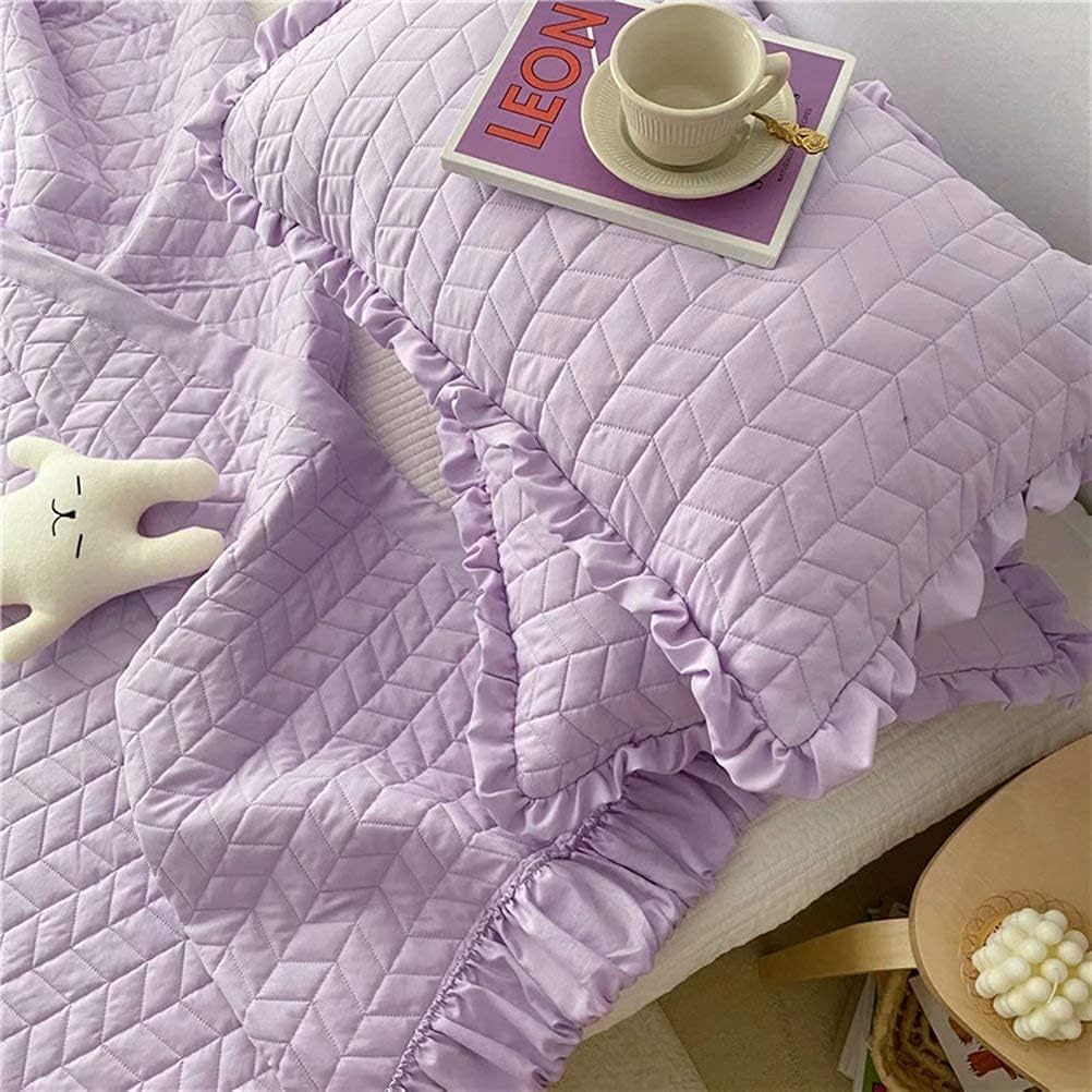 3pcs Set Summer Quilted Bedspread Quilt Set Full Size Ruffled Texture Bedspread Coverlet Set Teen Girls Summer Blanket with Pillowcases Lightweight Microfiber Yellow 150 * 200 (Purple 200 * 230)