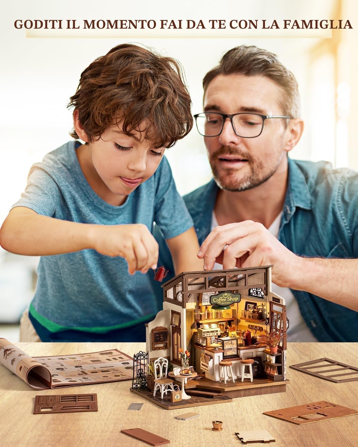ROWOOD Miniatura Casa Delle Bambola Caffè, Fai Da Te Mini Casa in Legno Con Luci LED Per Adulti Da Costruire, Creativi Regalo Di Vacanza