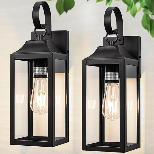 2 Pack Outdoor Light Fixtures Wall Mount, 15 Inch Black Exterior Wall Sconces Waterproof, Large Outside Lights for House, Modern Wall Lanterns Clear Glass