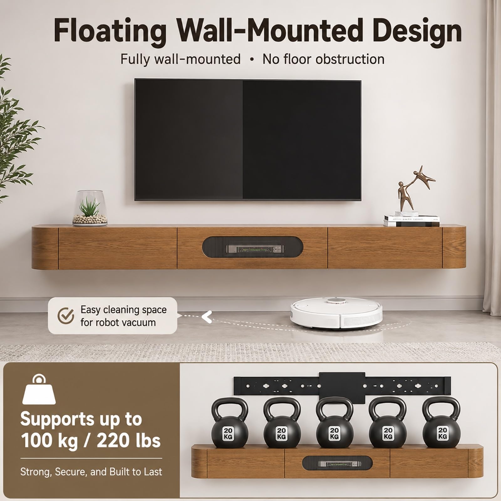 Mobile TV Sospeso in Legno, Mobile Porta TV con Cassetti | Tavolino TV Moderno per Soggiorno – Mobile Basso a Muro(Black,120cm/47in)