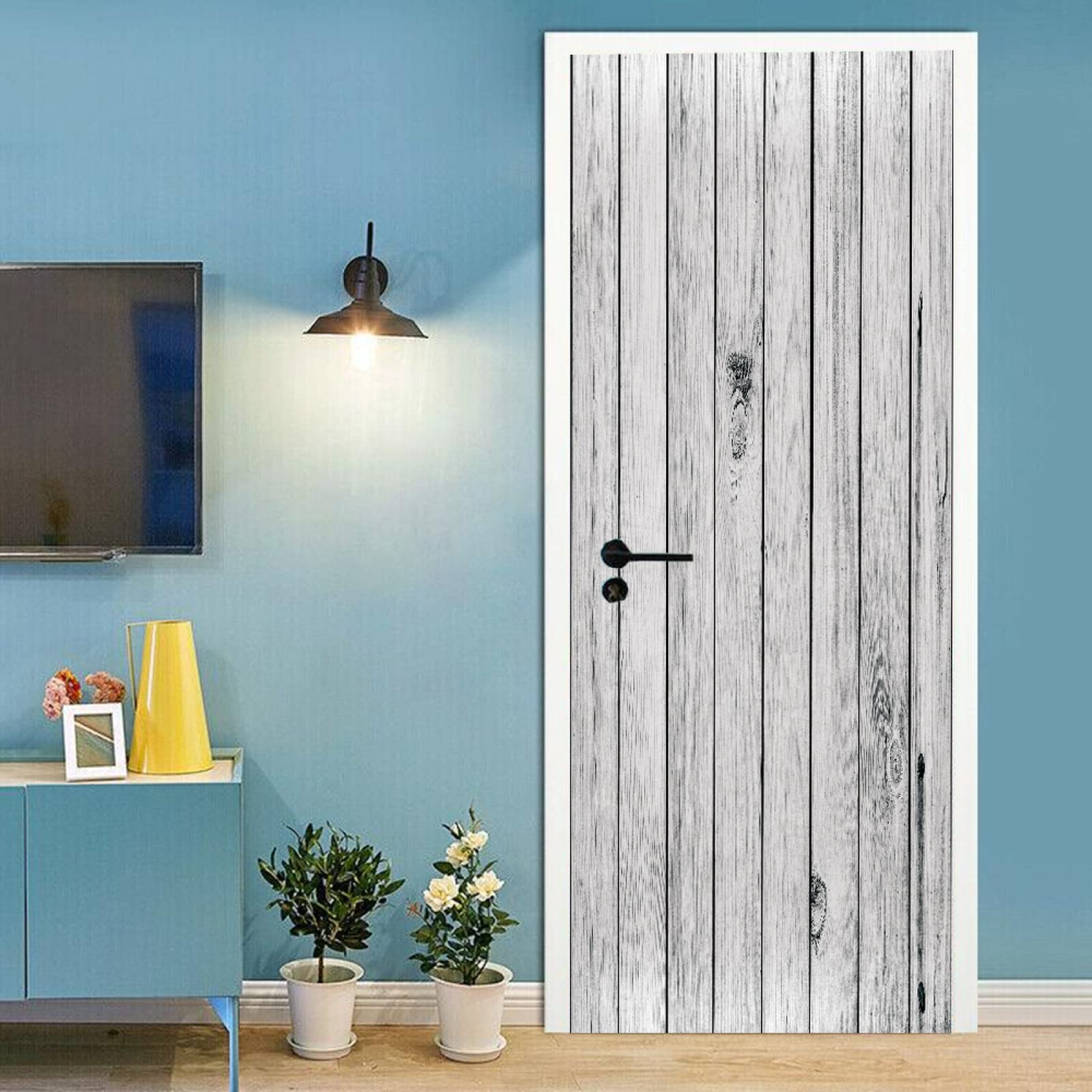 Sticker Porte 3D Effet Bois Gris Blanc - Autocollant PVC Imperméable 77x200 Cm - Décoration Murale Chambre Cuisine