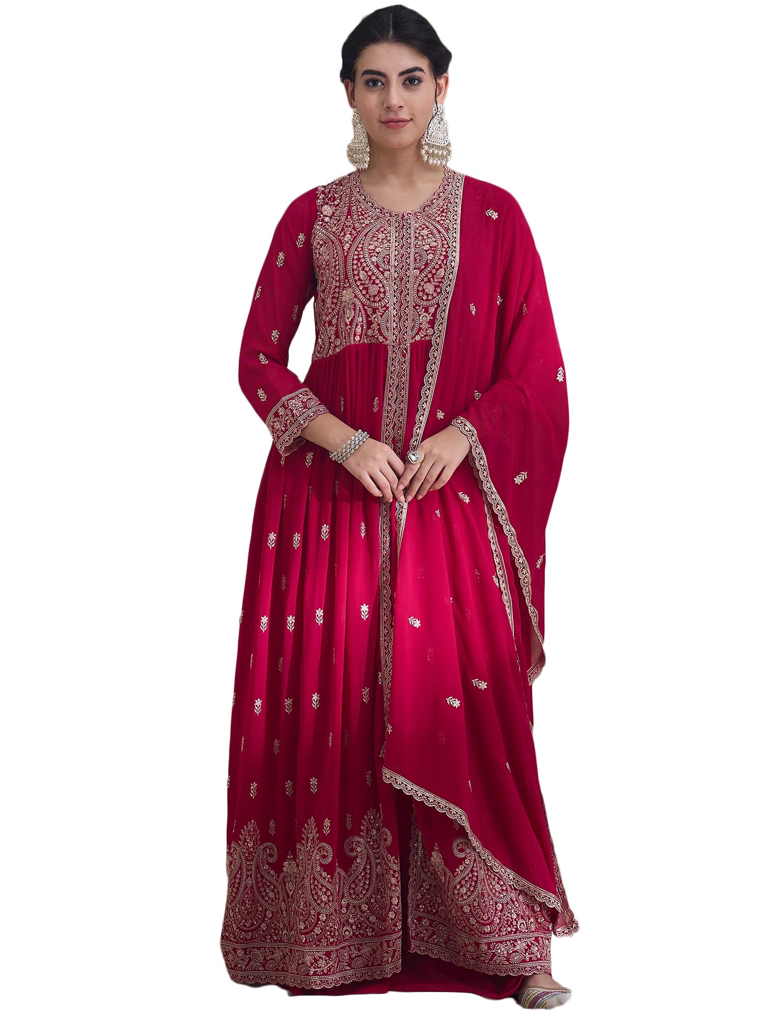 Women's Green Faux Georgette Stitched Top With Stitched Faux Georgette Bottom and Faux Georgette Dupatta Full Sleeve Embroidered Anarkali Top (MEY-1148-Green-XL)-image-33