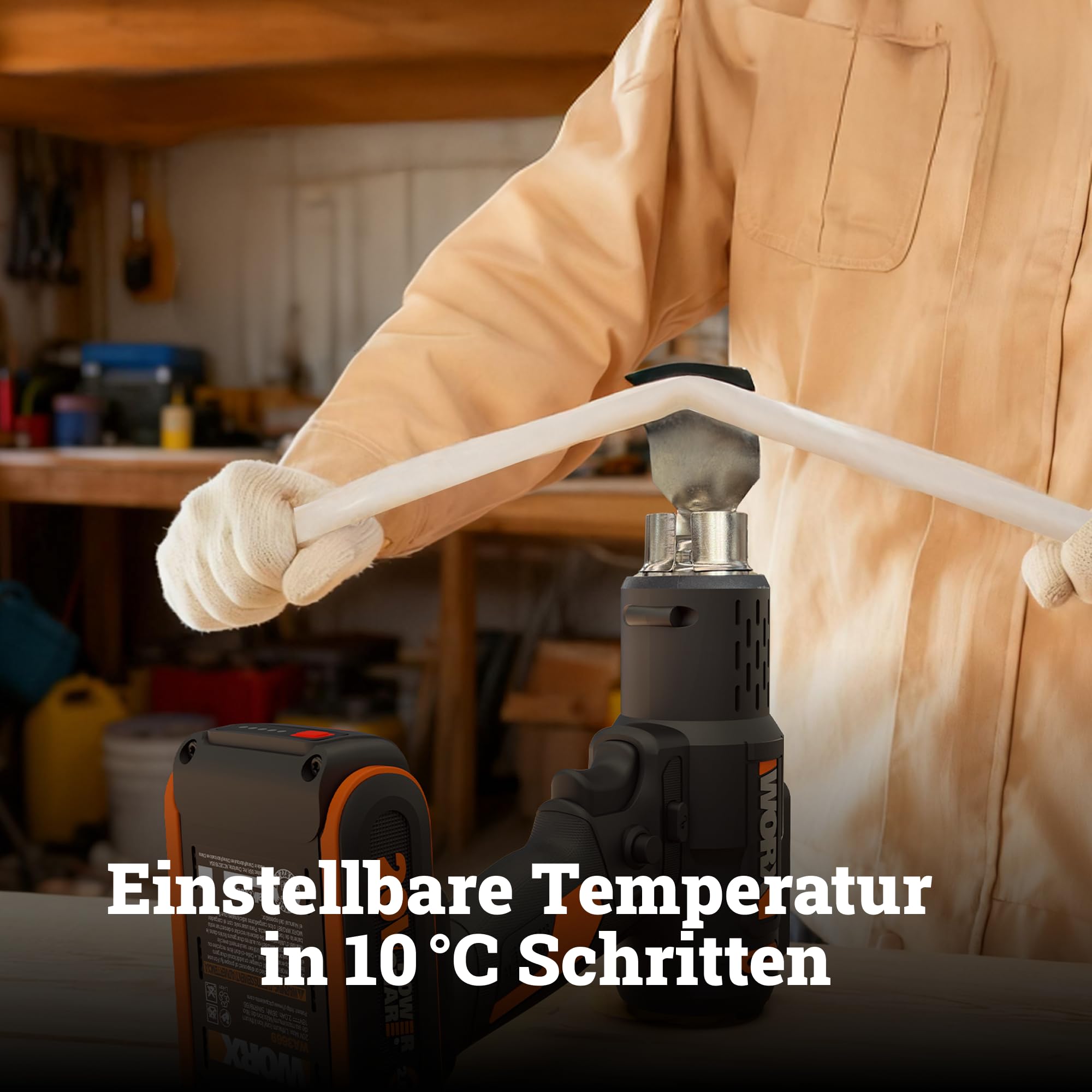 WORX WX015 Akku Heißluftpistole 20V, 20–600°C einstellbar in 10°C-Schritten, LCD-Display, Memory-Funktion, schnelles Aufheizen, inkl. 2Ah Akku & Ladegerät