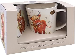 The Leonardo Collection Paper Shed Design Highland Cow Mug with Coaster for Home & Kitchen | Stylish Ceramic Mugs for Tea & Coffee | Lovely Cup Set for Mens Gifts & Birthday Gifts for Women