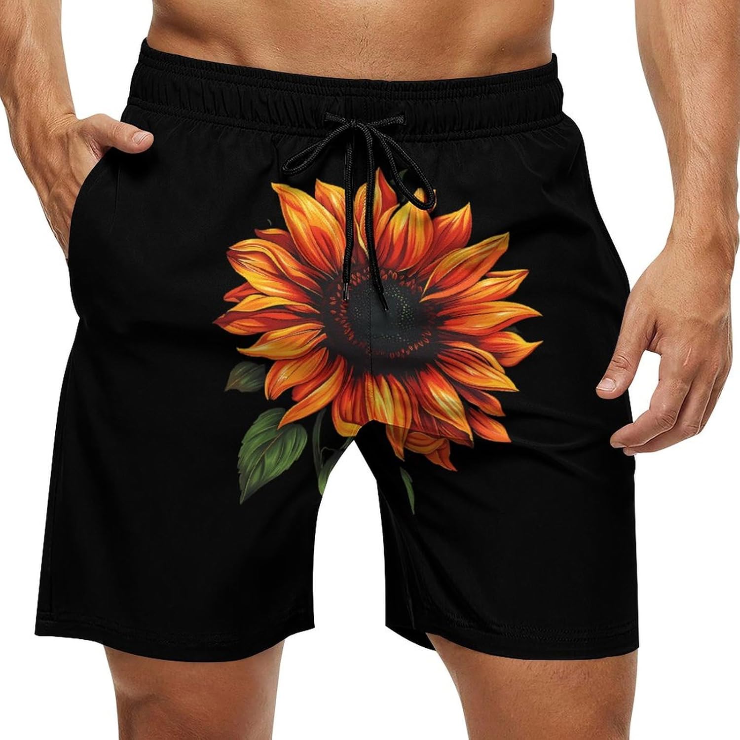 Orange Yellow Sunflower Casual Men's Swim Trunks Novelty Summer Beach Shorts Swimwear with Pocket
