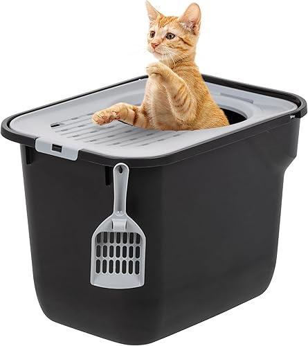 Vista 30 de IRIS USA - Caja de arena grande para gatos, con entrada superior, tapa de captura de arena y pala, a prueba de perros, caja de arena cerrada