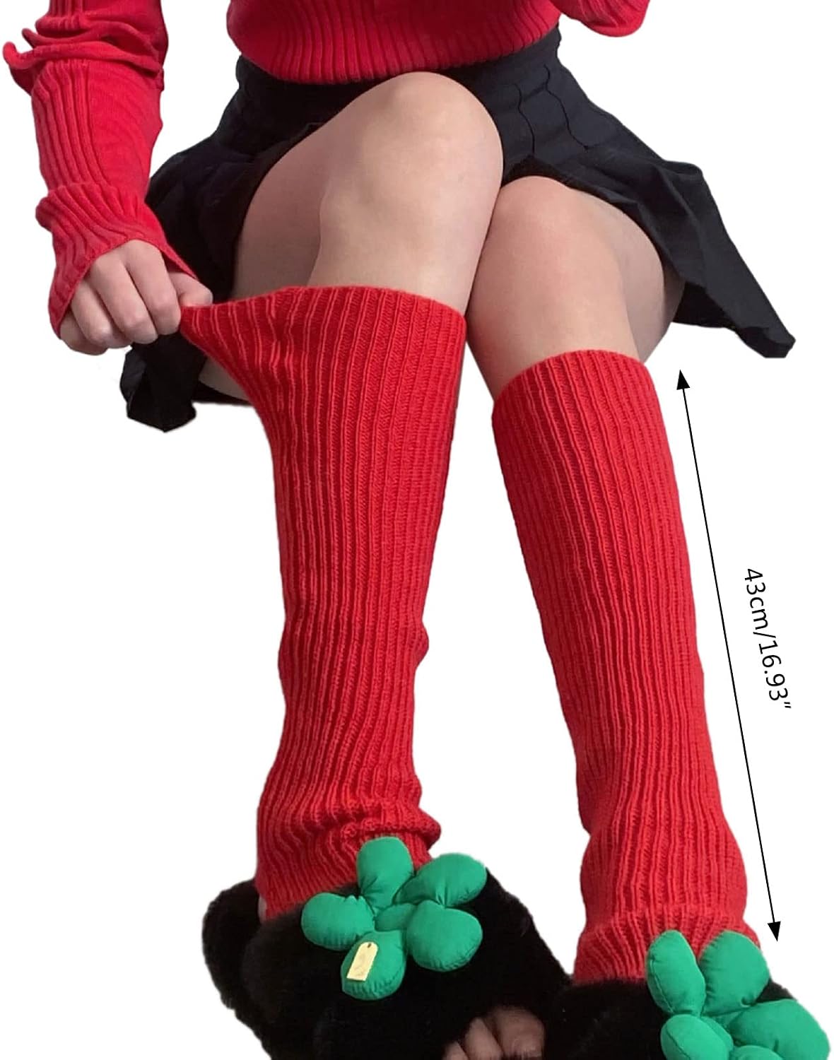 Women Ribbed Knit Red Leg Warmers Ballet Foot Knee Socks