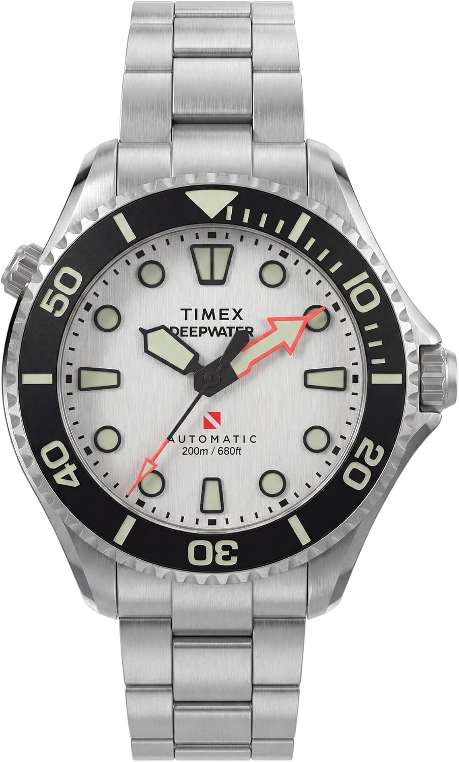 Timex Men’s Deepwater Meridian 200 HEV Automatic 44mm Watch – Silver-Tone Bracelet White Dial Silver-Tone Case