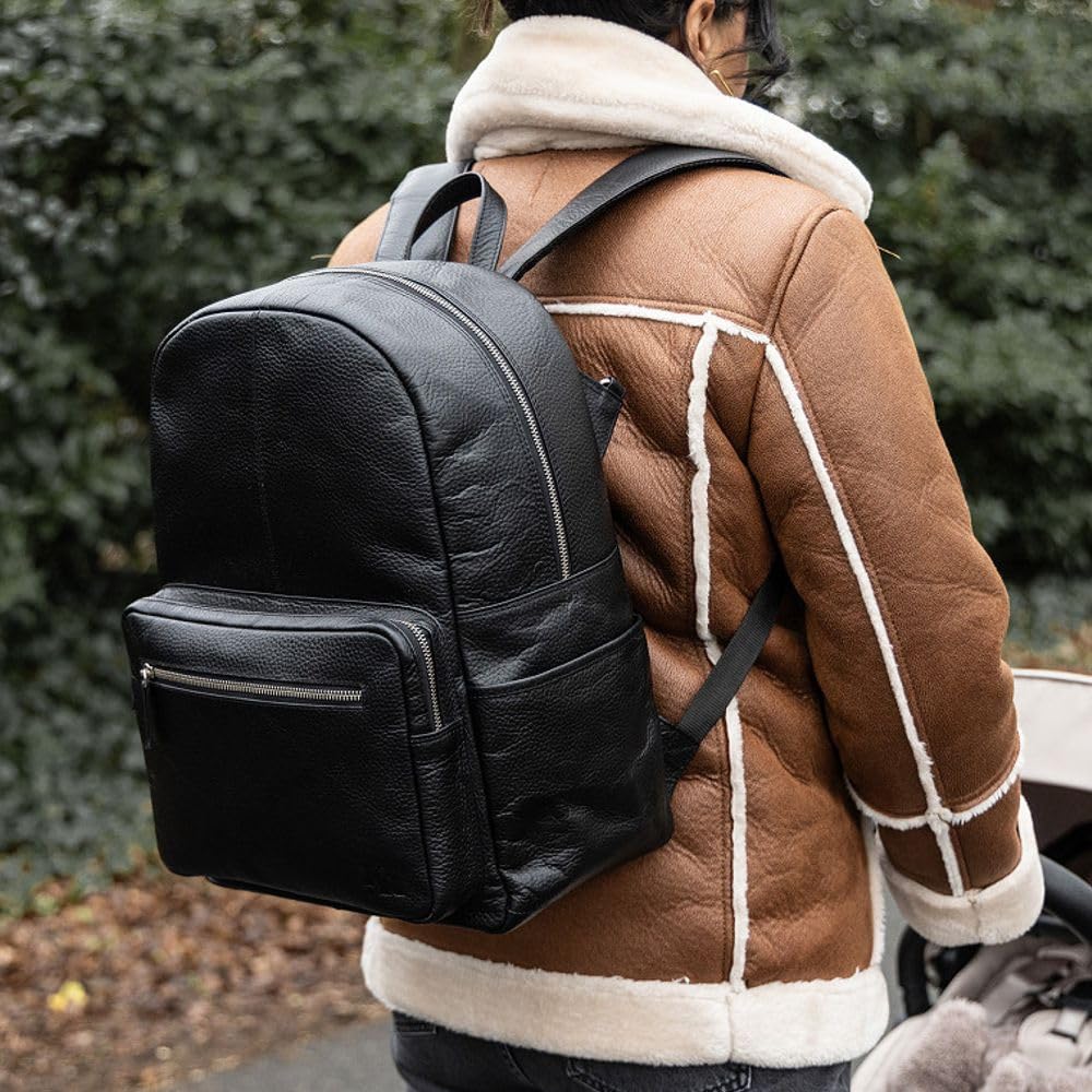 Vadobag Schwarzer Baby Wickel-Rucksack | Echt Leder | mit Wickelunterlage