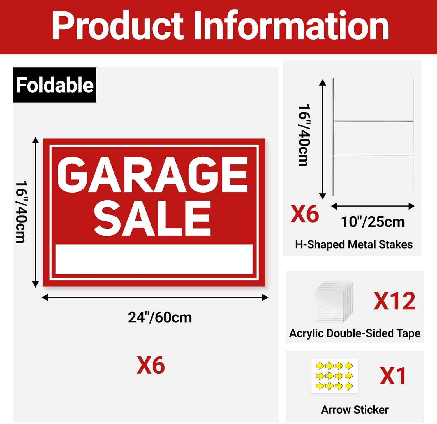 6 Pcs Garage Sale Signs with Stakes, Extra-Large Foldable Garage Sale Signs 24" x 16", Metal Stakes and Double Sided Waterproof Design for Garage Sale Supplies