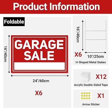 6 Pcs Garage Sale Signs with Stakes, Extra-Large Foldable Garage Sale Signs 24 x 16, Metal Stakes and Double Sided Waterproof Design for Garage Sale Supplies