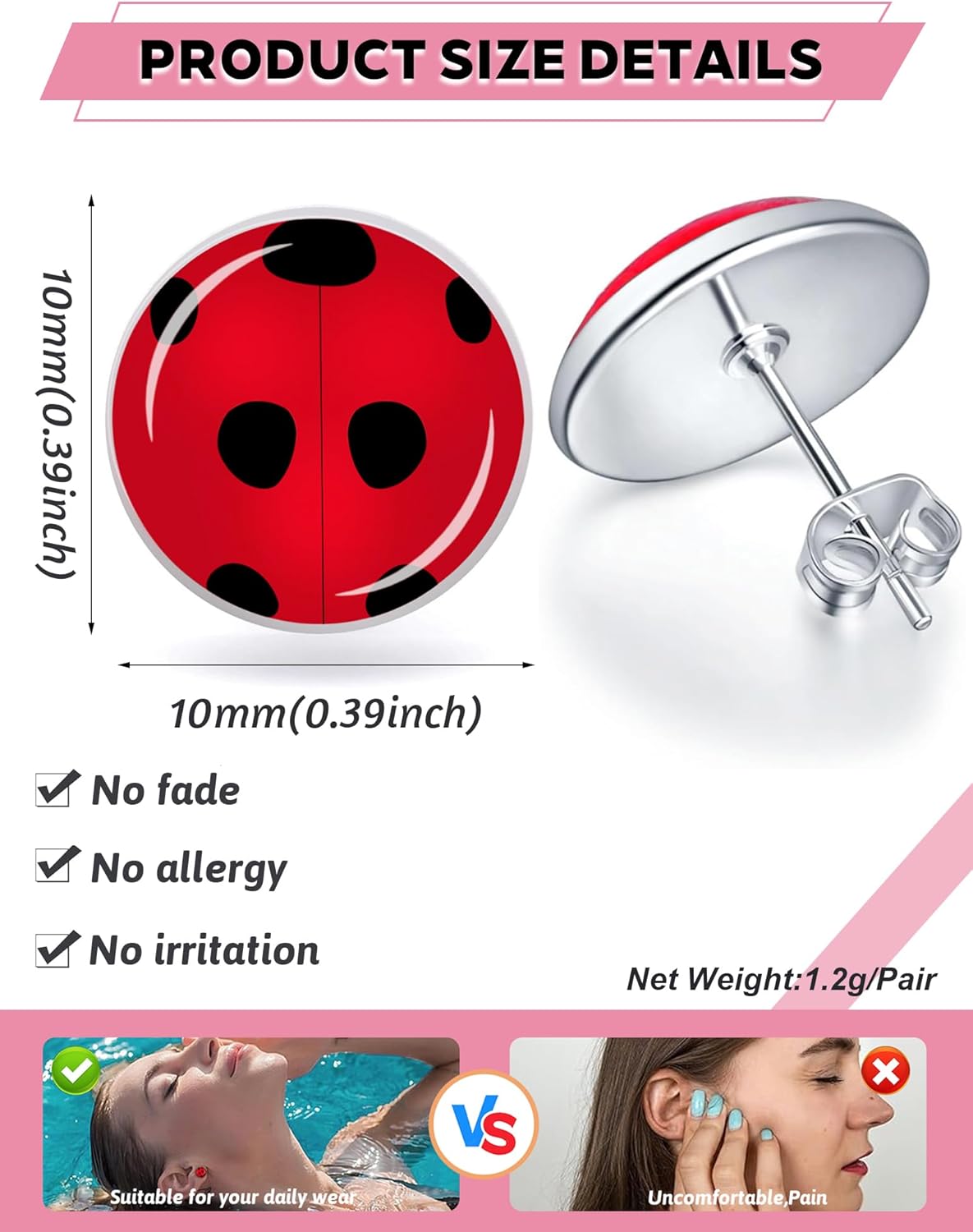 SIISPRI 6Pairs Ladybug Women Earrings Set Cute Bug Little Ladybird Earrings Round Circle Button Stud Post Earrings 10MM - Image 3