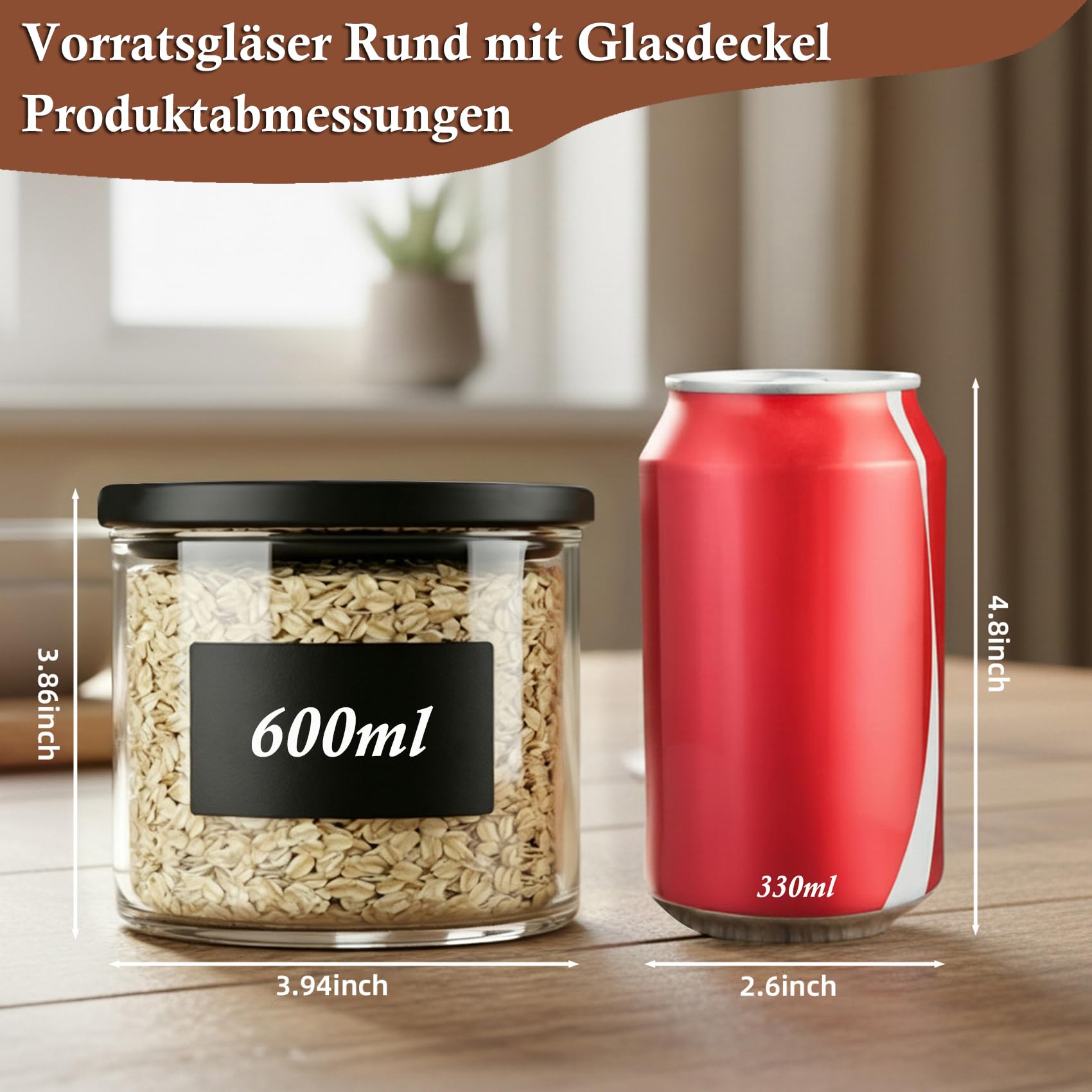 Set di 6 barattoli con coperchio, ermetici, 600 ml, con coperchio in vetro trasparente, con etichette e penna, impilabili, rotondi, per caffè, noci, zucchero, snack e cassetti da cucina