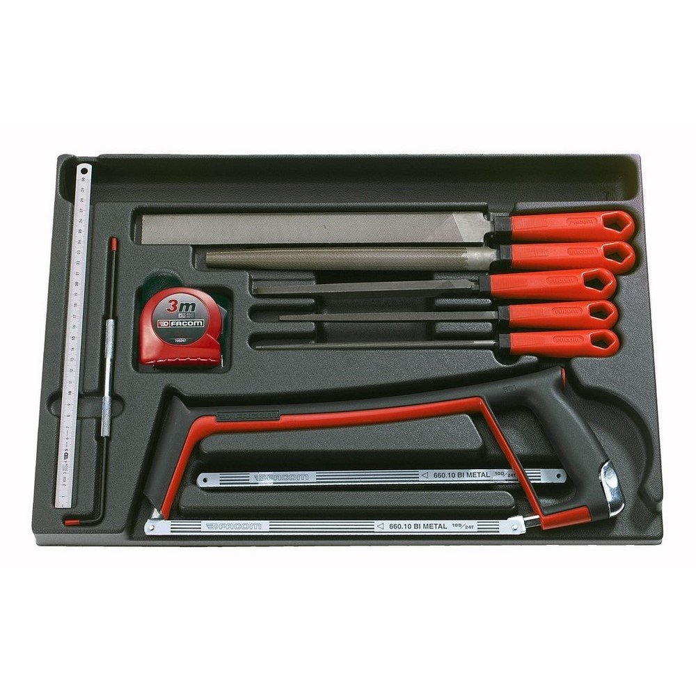 FACOM - Module Scie, Mesure et Lime - MOD.601 - Monture de Scie, Lames de Scie, Pointe à Tracer, Réglet Inox, Mètre Ruban, 5 Limes avec Poignée et Plateau Compris - Outillage Menuiserie Manuel