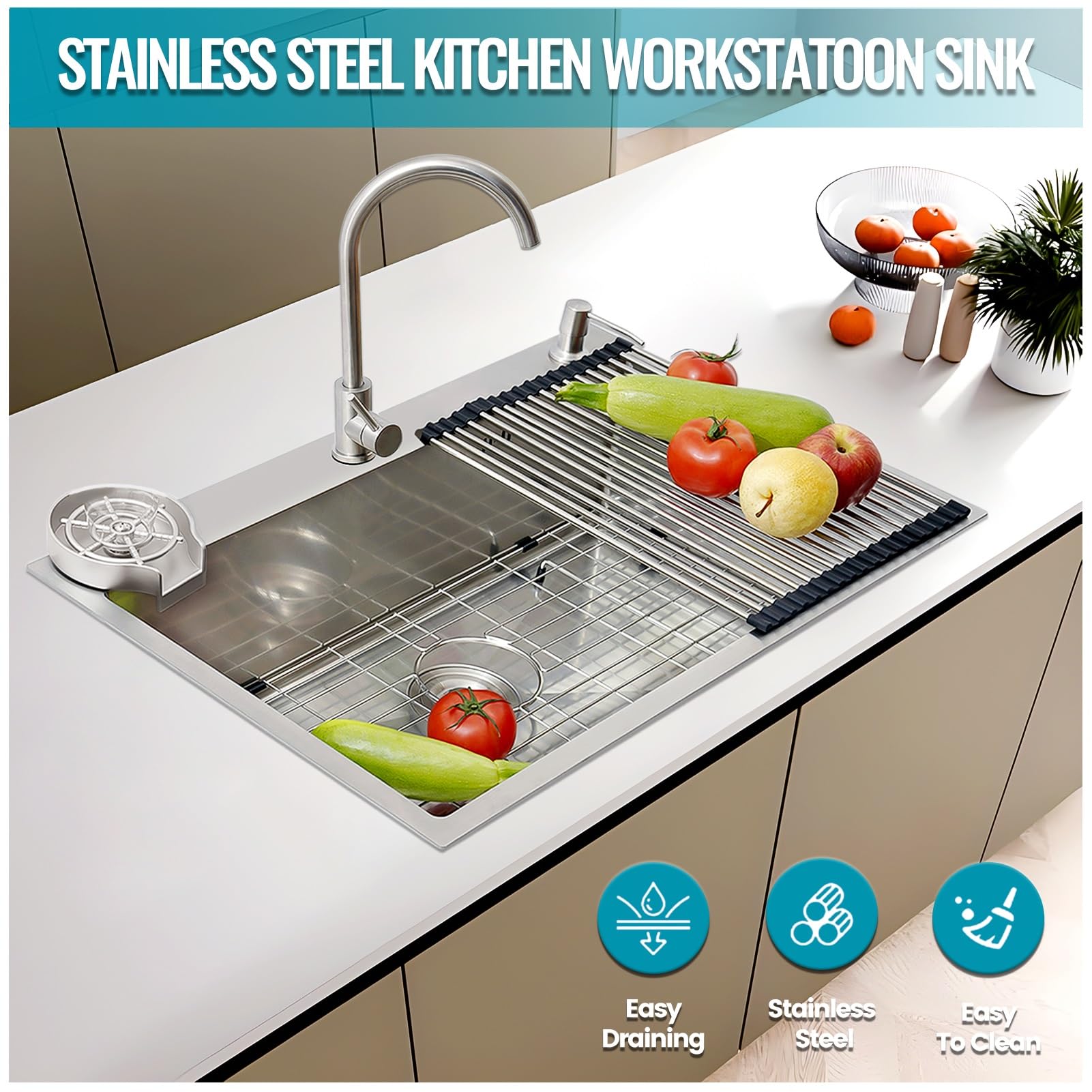 Professionelle Edelstahl-Spüle 304 - Großformatige Einzelspüle Mit Abtropfkorb Für Küche & Bar - Oberschrank-/Unterbau-Montage - Robuste Küchenspüle, Geschirrspülbecken(A,70x50x22cm)