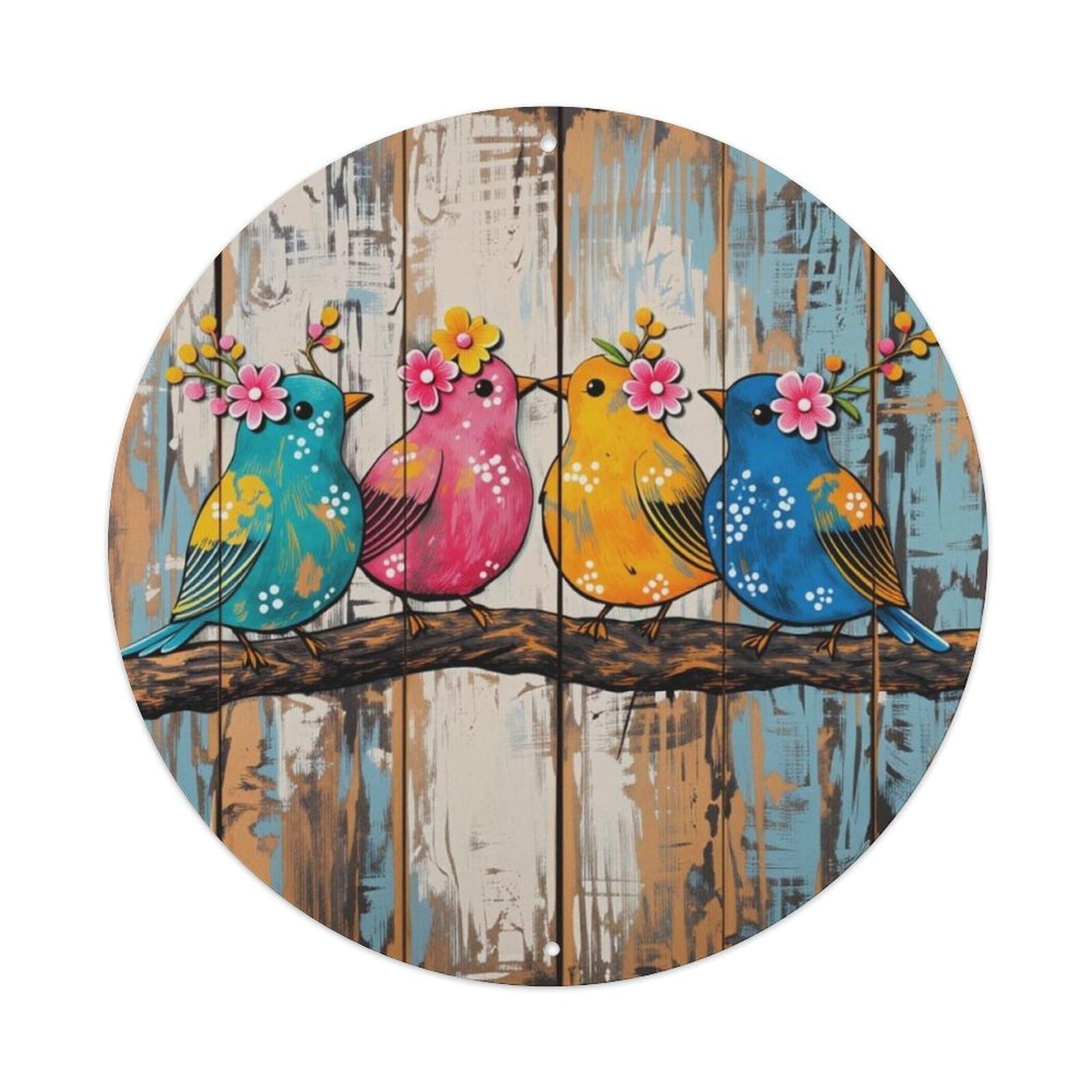 Distressed Wood Colorful Birds Floral Round Wall Decor Sign Vintage Aluminium Metal Sign, Retro Wall Decor for Home, Bar, Garage & Farmhouse 20x20cm