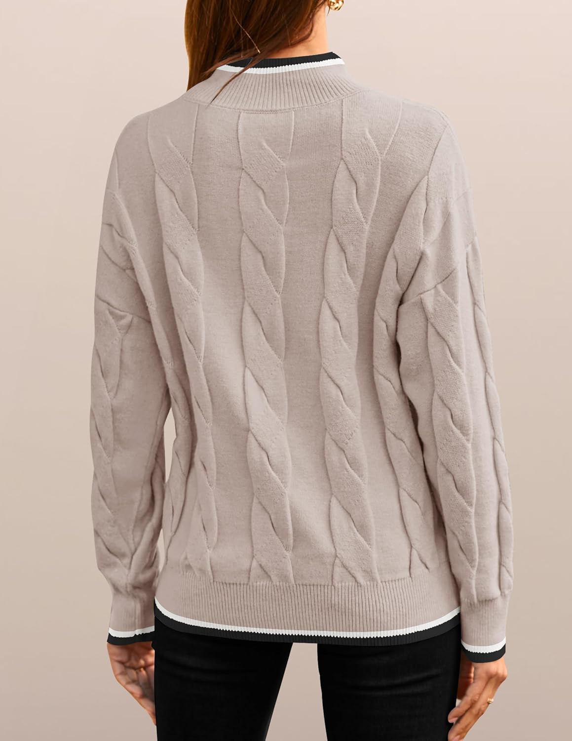 ZESICA Women's Casual Long Sleeve Mock Neck Cable Knit Contrast Color Fall 2026 Winter Chunky Pullover Sweater - Image 4