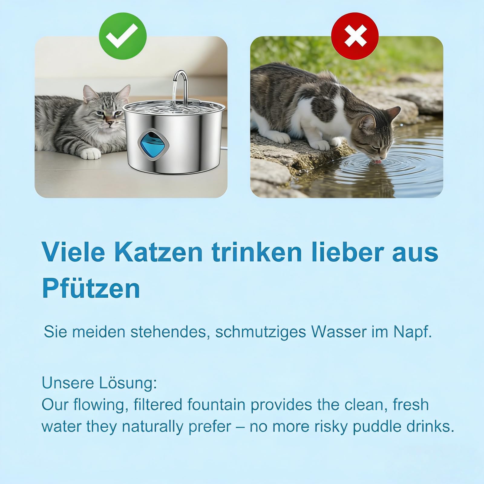 Nordflow Edelstahl Haustierbrunnen für Haustiere, 2,2 Liter Kapazität, extrem leiser Betrieb, zirkulierendes Frischwasser, inklusive 2 Aktivkohlefiltern und 2 Schwämmen (Rundes Sichtfenster)