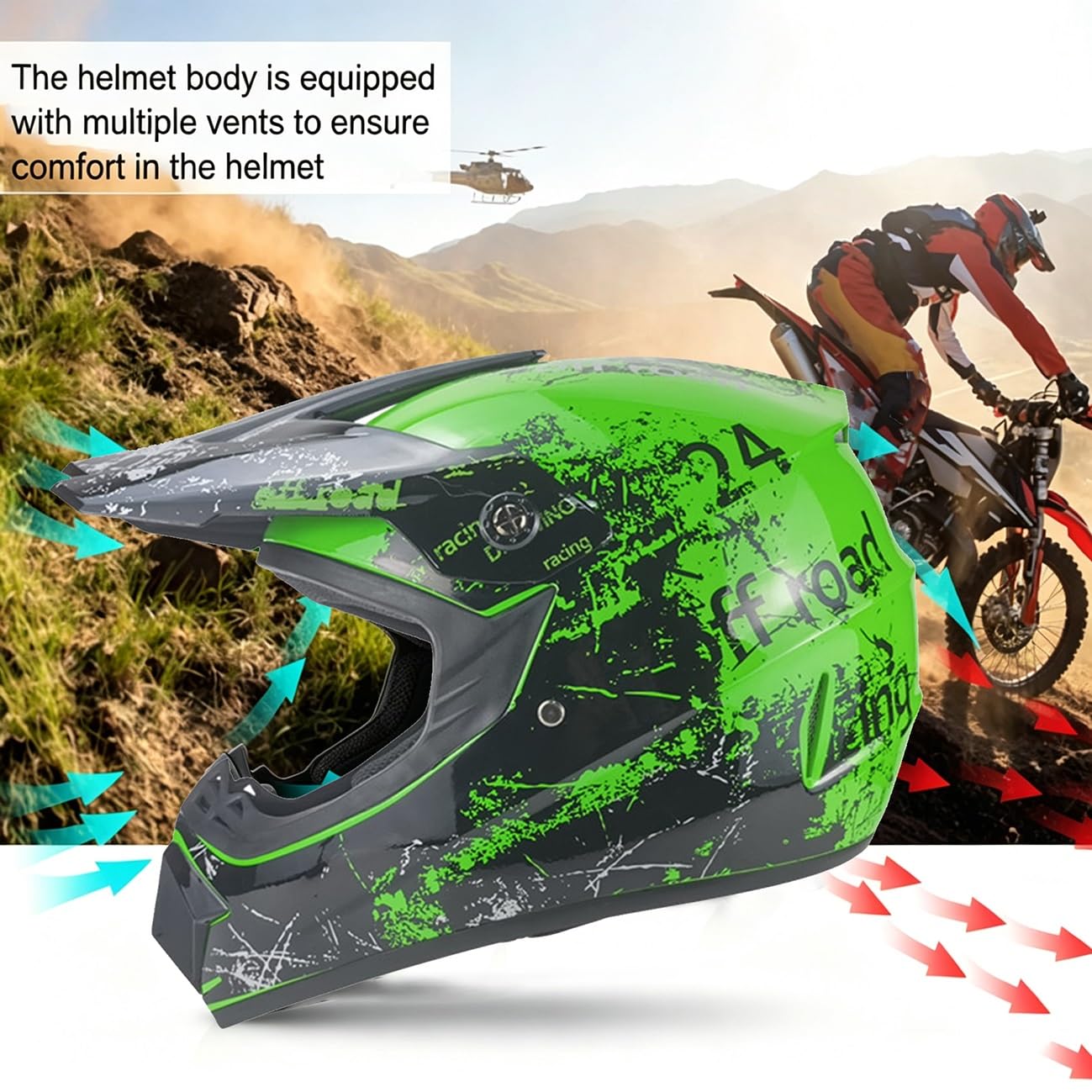 Zestaw kasków motocrossowych pełnotwarzowych | Młodzieżowe sporty outdoorowe MTB Off Road Racing Kaski motocyklowe z goglami i rękawiczkami Maska