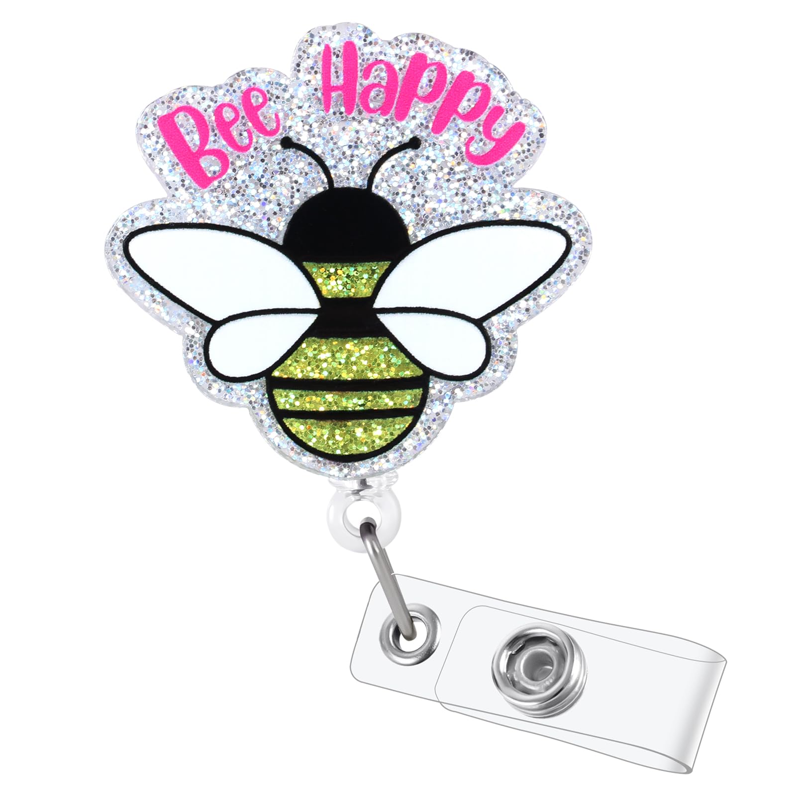 Bee Happy Funny Badge Reel, Cute Insects Badge Holder with Retractable Clip, Acrylic Badge Clip for RN CNA LPN LVN Hospital Medical Worker Doctor