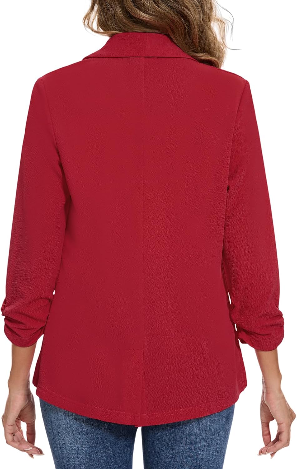 Women's Casual Open Front Blazers Shawl Lapel Ruched 3/4 Sleeve Office Lightweight Blazer Jackets with Pockets *Red,Size XL*