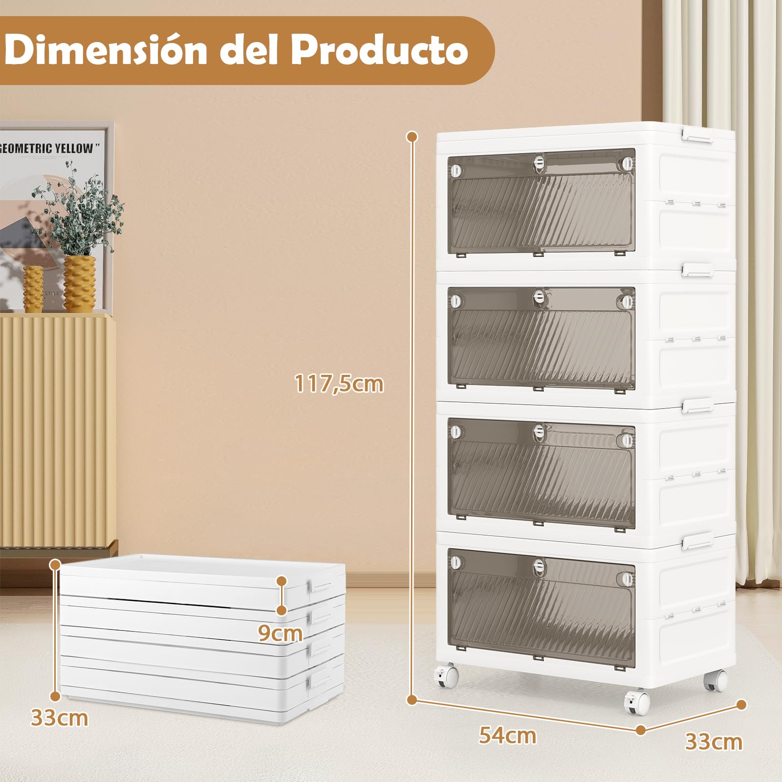GOPLUS Caja de Almacenamiento Plegable con Tapa 126 L/168 L, Cajones de 3 Vías de Apertura, Organizador Apilable con Ruedas para Dormitorio Guardarropa, Almacenaje para Ropa Zapatos (4 Niveles)