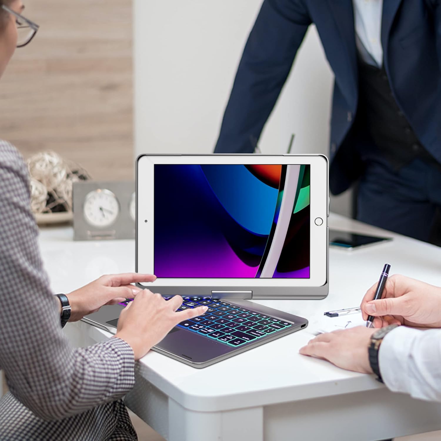 edaiser Swivel Keyboard Case for iPad 10.2 inch 9th 8th 7th, iPad Air 3rd and iPad Pro 10.5 2nd Generation; Rotatable Cover with Pencil Holder, Multi-TouchTrackpad, RGB Backlit, Metallic Purple - Image 9