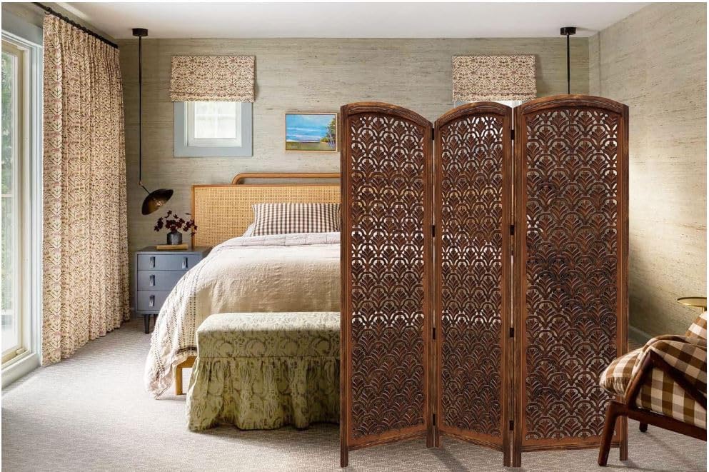Room Divider Wood Floor Screen - Taj Antique Brown - Handcrafted 60 x 72 Three Folding Panel Partition - Free Standing Portable Reversible Small Space Privacy Decorative Screen - Cotton Craft