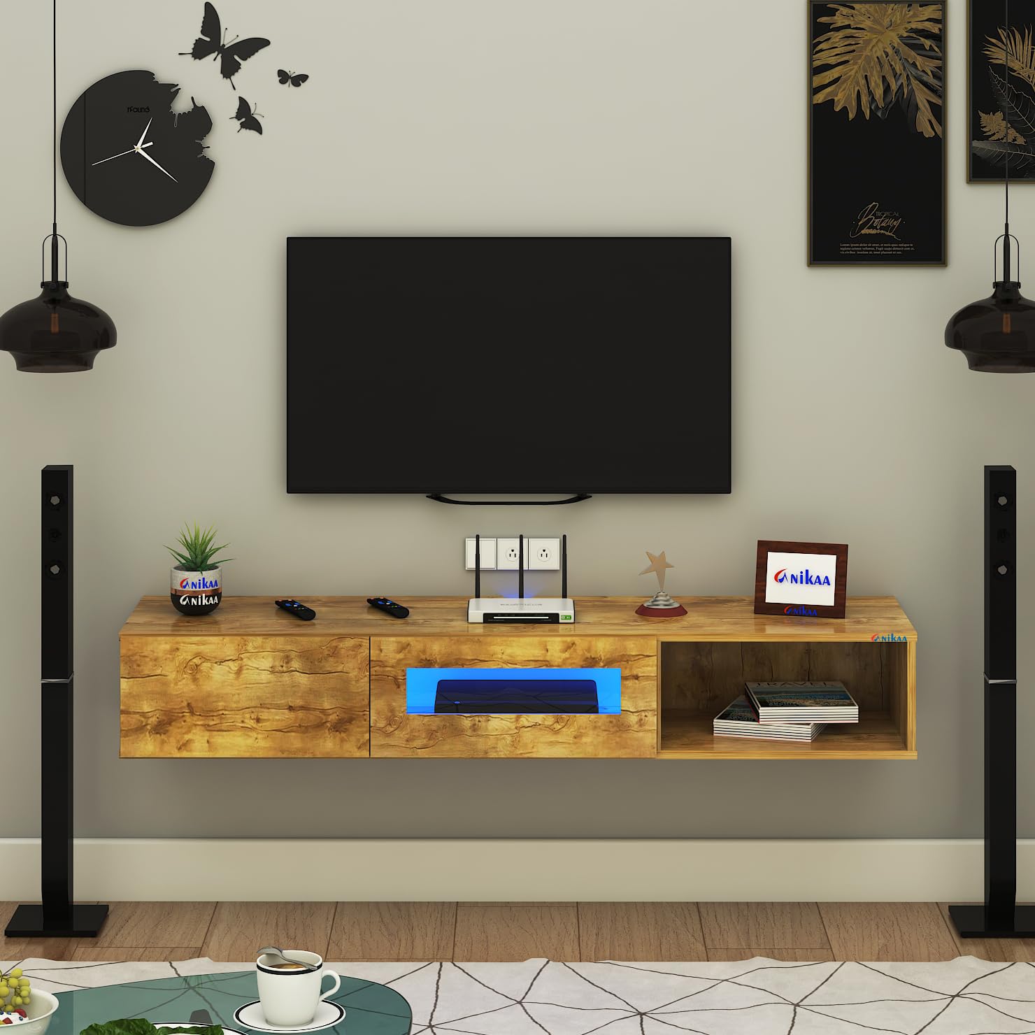 Anikaa Strix Wall Mount Modern Floating TV Unit for Living Room with 3 Storage Cabinet & Blue LED Light (Ideal for 32 to 55 inch TV, DIY Installation, Gaintwood Finish)-image-40
