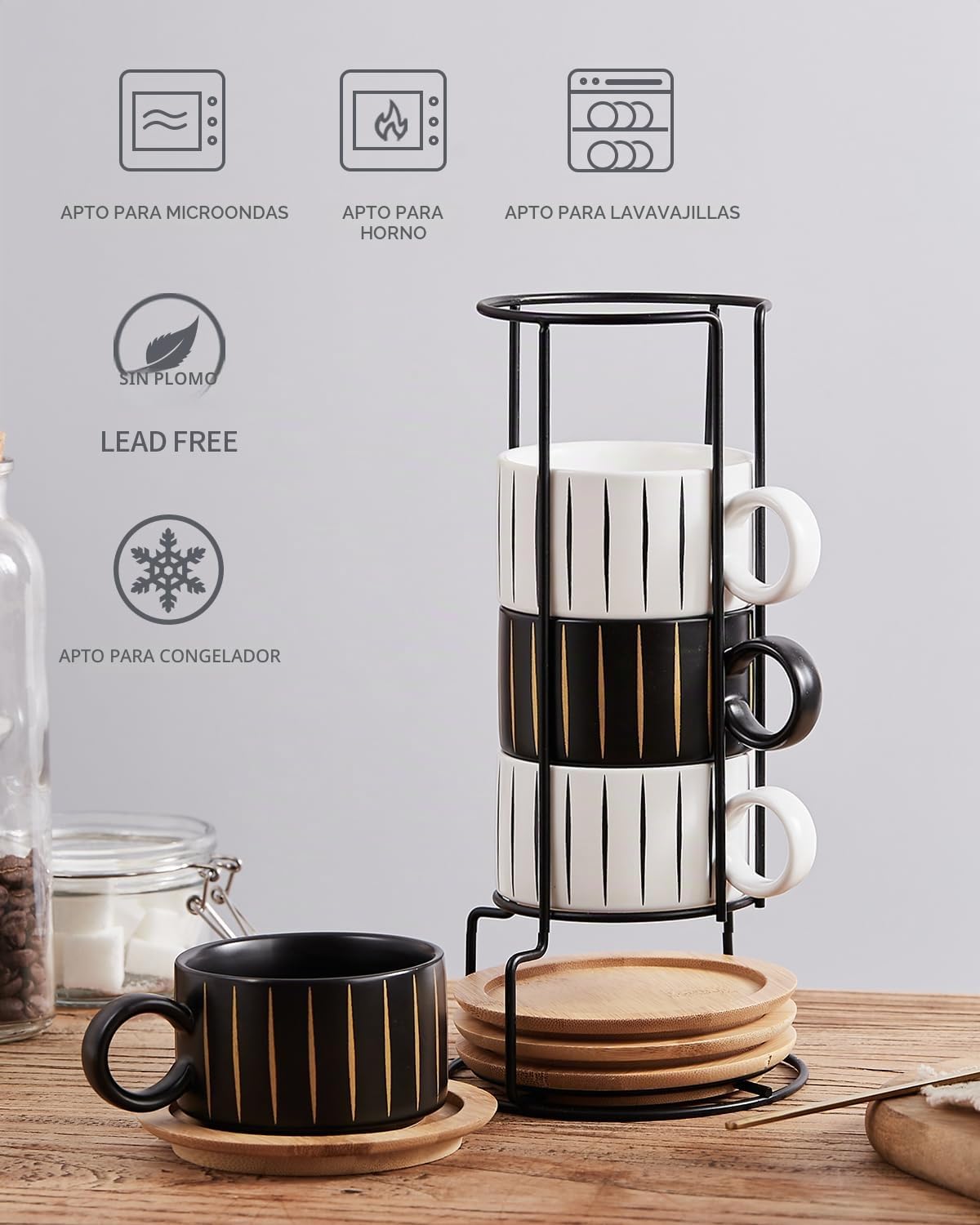 HOME DECOR Juego de tazas de cappuccino - 4 x 160 ml Tazas de café con plato y soporte - Elegantes tazas de cerámica para espresso, cappuccino y latte - Colección Stripe