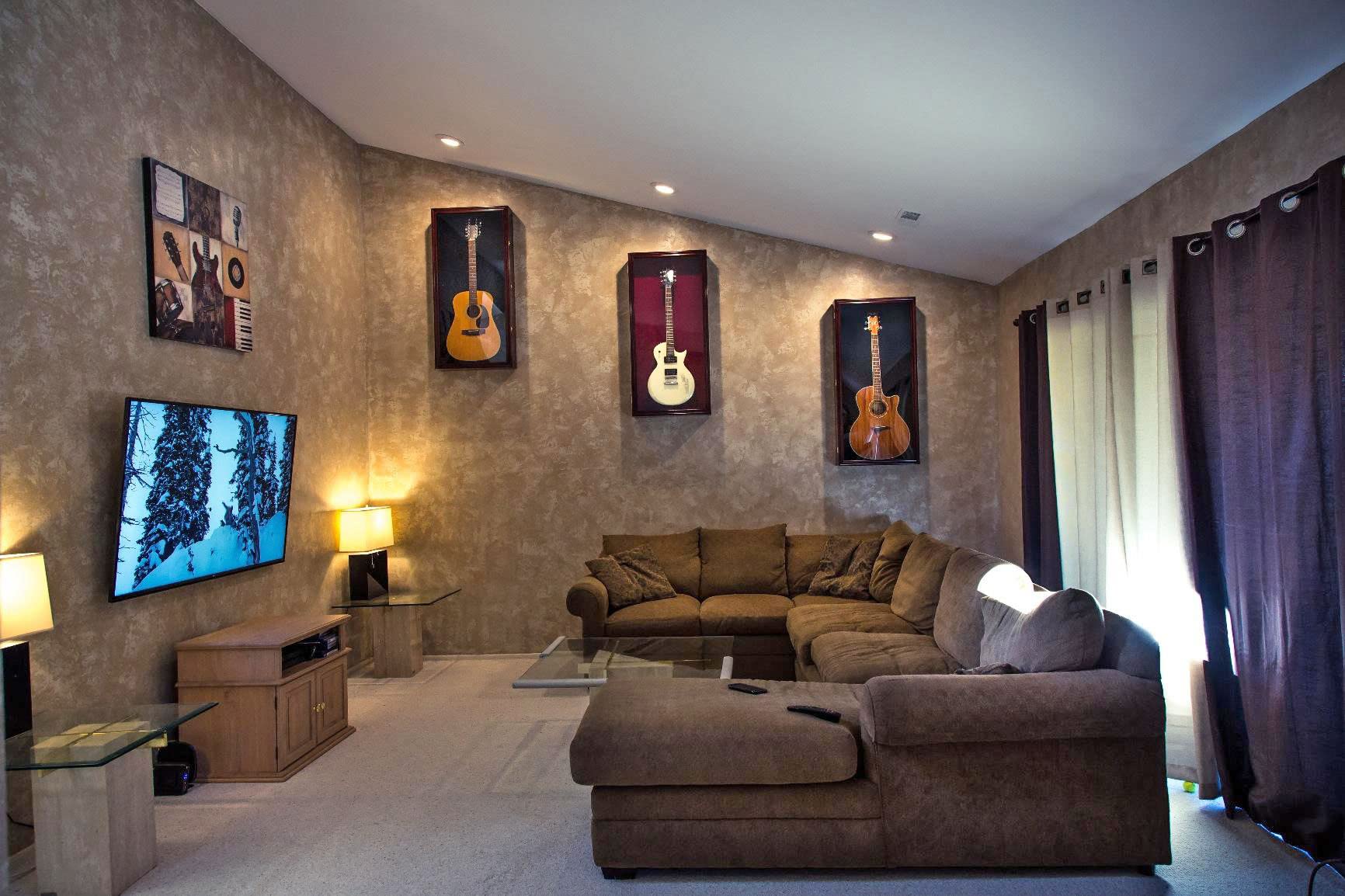 DisplayGifts 42" Electric Guitar Display Case Cabinet Shadow Box with Guitar Hanger Stand, Lockable UV Protection Black Felt Interior with Solid Wood Black Frame