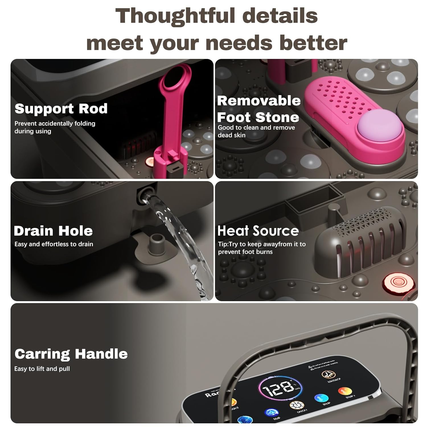 Foot Spa Electric Rotary Massage, with Touchscreen Pro Color Display, Collapsible Foot Bath with Heat, Bubble,Remote Control, Temp Control, and 24 Motorized Shiatsu Massage Balls (Dark Grey) - Image 6