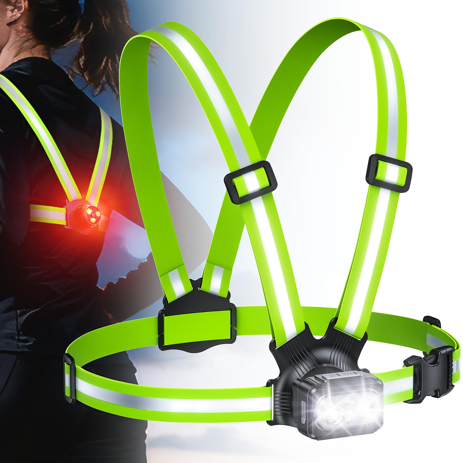 Rolgno Running Lights for Runners, 500LM Chest Running Light with Rear Light, 7+2 Modes & 45° Adjustable, 360° Reflective Gear & IPX4 Waterproof, Hands-Free Running Torch, Headlamp Replacement