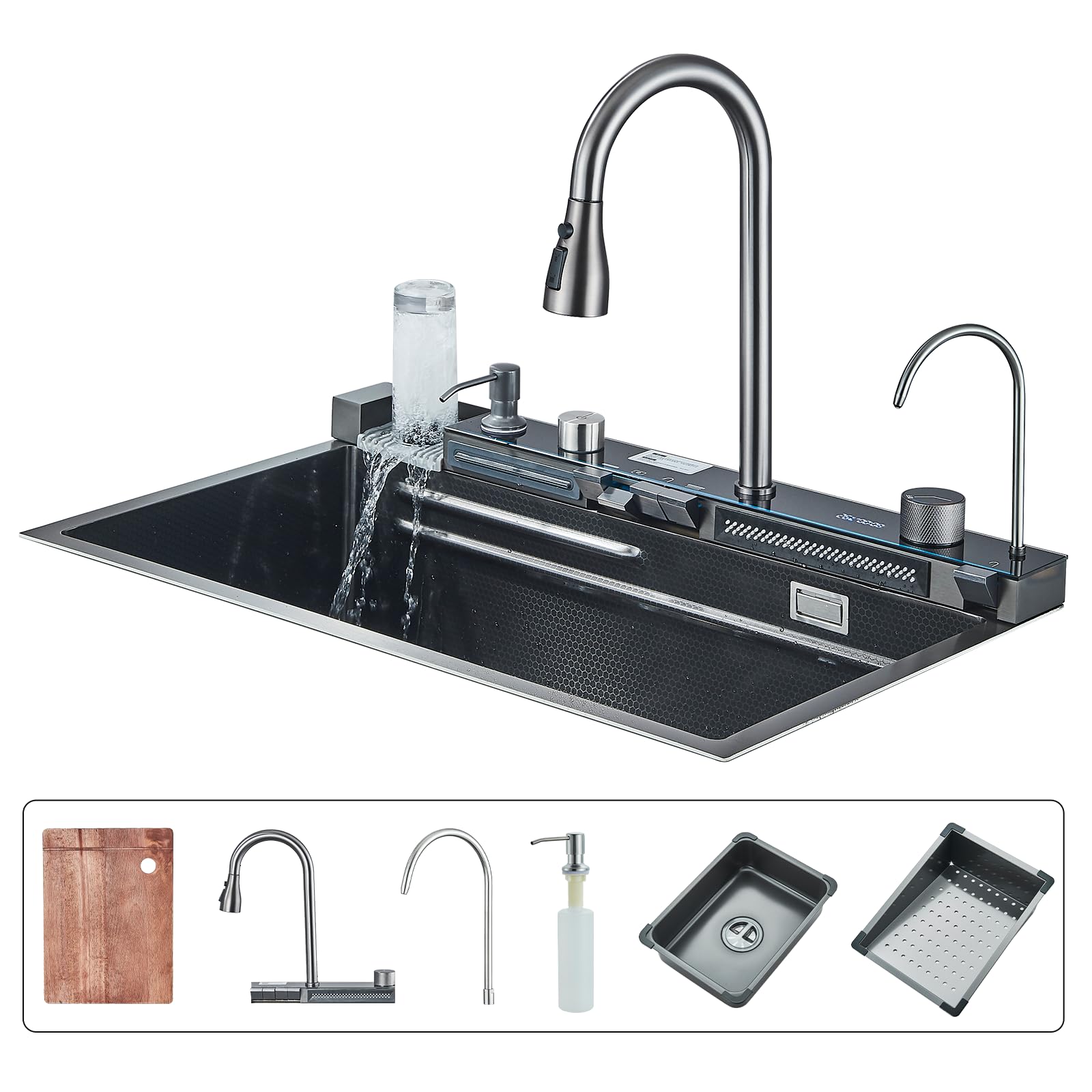 Évier de cuisine en acier inoxydable Évier de cuisine à cascade Évier multifonctionnel à affichage numérique avec nouveau robinet à double mode et accessoires multiples