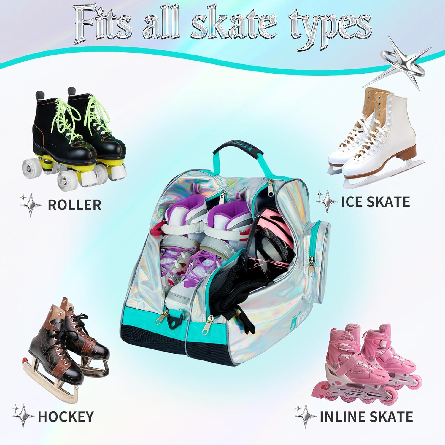 Roller Skate Bag for Inline Skates Ice Skates and Figure Skating Stylish Plain Holographic Fashion Design Spacious Big Capacity Breathable Mesh Waterproof Durable for Women and Youth