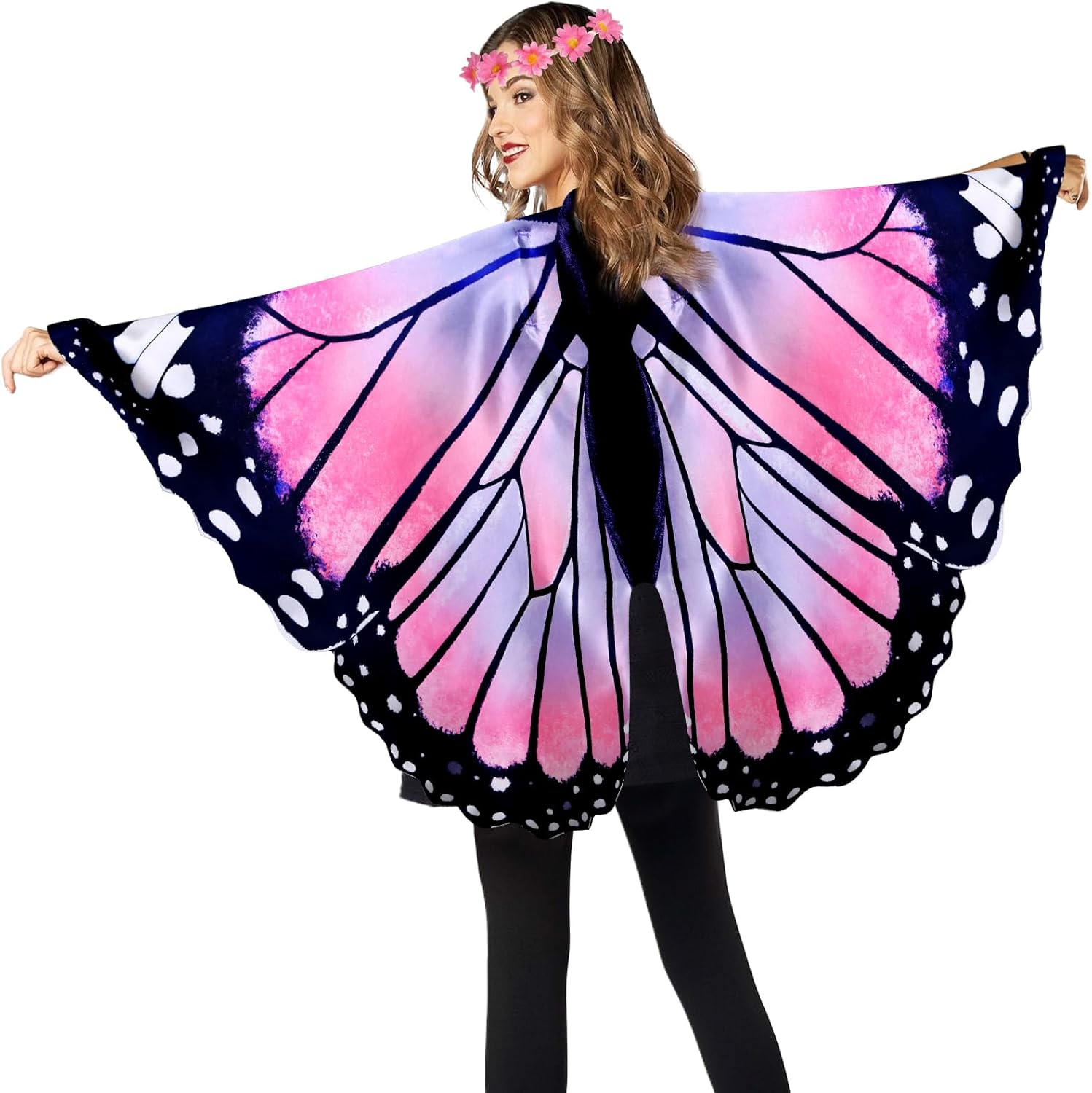 Monarch Adult-Butterfly-Wings-Costume for Women Halloween Costumes Fairy Butterfly Cape and Flower Headband Party
