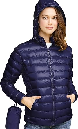 Made By Johnny Womens Ultra Light Weight Packable Down Jacket with Removable Hoodie