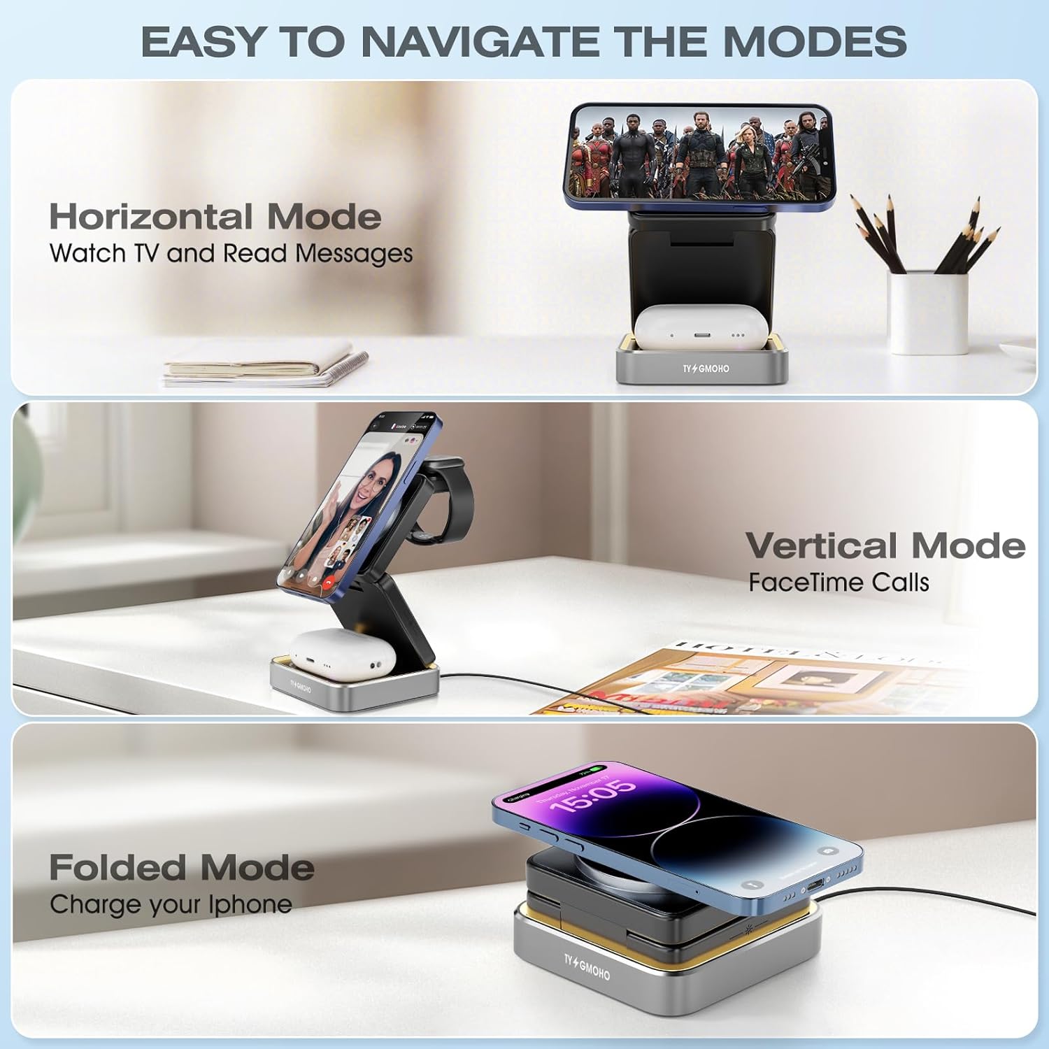 Portable 3 in1 Magsafe Wireless Charger Station for Apple iPhone, Multiple Devices, Foldable Travel Charging Stations, Magnetic Fast Charger with Light for iPhone 12-16 Series for Apple Watch & Airpod