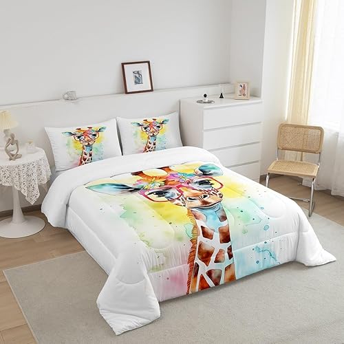 Miniatura 2 de Manfei Juego de ropa de cama con diseño de jirafa en acuarela para niños, tamaño matrimonial, juego de ropa de cama con animales de dibujos animados