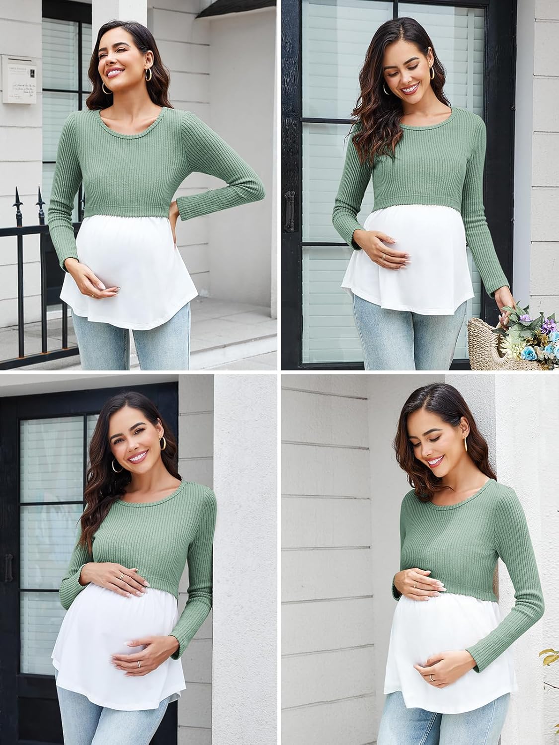Women’s Maternity Shirts Long Sleeve Nursing Tops Scoop Neck Patchwork Breastfeeding Shirts Pregnancy Clothes - Image 6