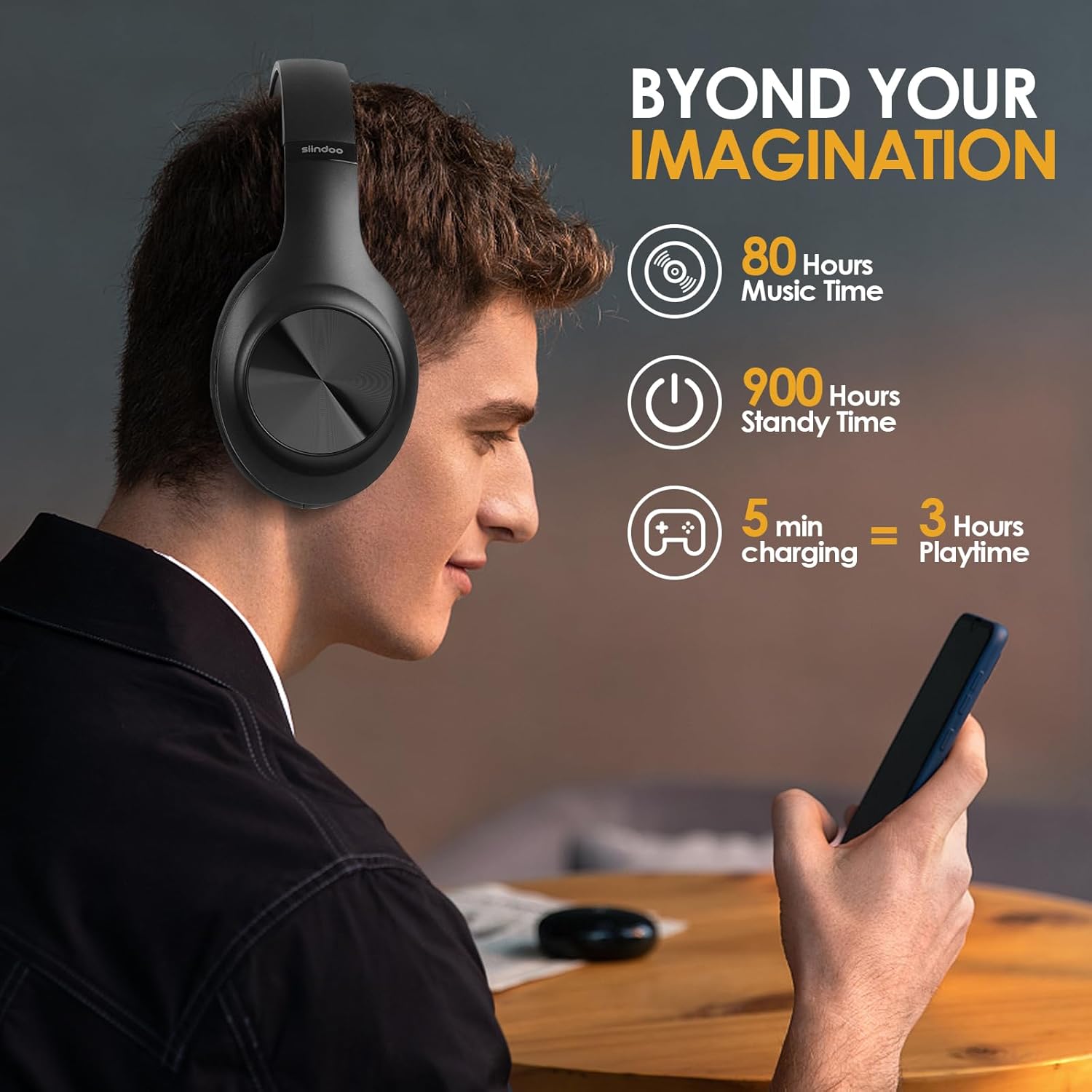 Man wearing Siindoo JH-923 headphones, looking at his phone, with battery life indicators showing 80 hours music time, 900 hours standby time, and 5 min charging = 3 hours playtime.