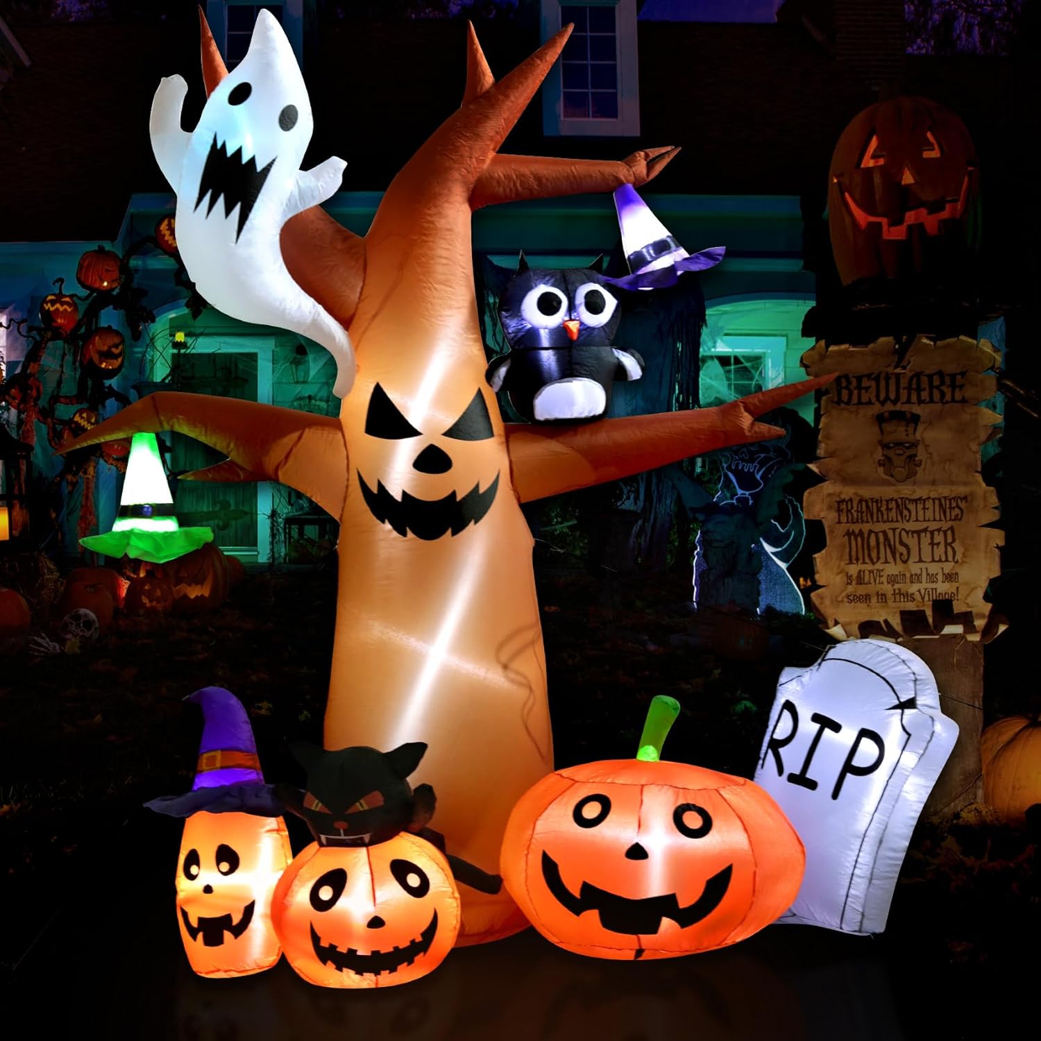 TCFUNDY 8 FT Tall Halloween Inflatable Scary Tree with Ghost, Pumpkin, Owl and Tombstone, Blow Up Inflatables with Build-in LEDs for Halloween Party Indoor, Outdoor, Yard, Garden, Lawn Decorations 8FT Scary Tree