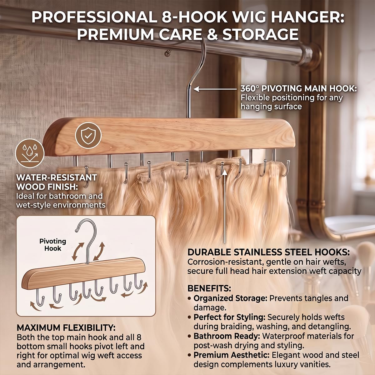 Hair Extension Holder for Hair Storing, Washing, Drying, Coloring, Styling, Foldable Hair Extension Hanger, Braiding Hair Rack, Rotating Multi-Purpose Hooks Hanger (1Pack Natural Color) image 2
