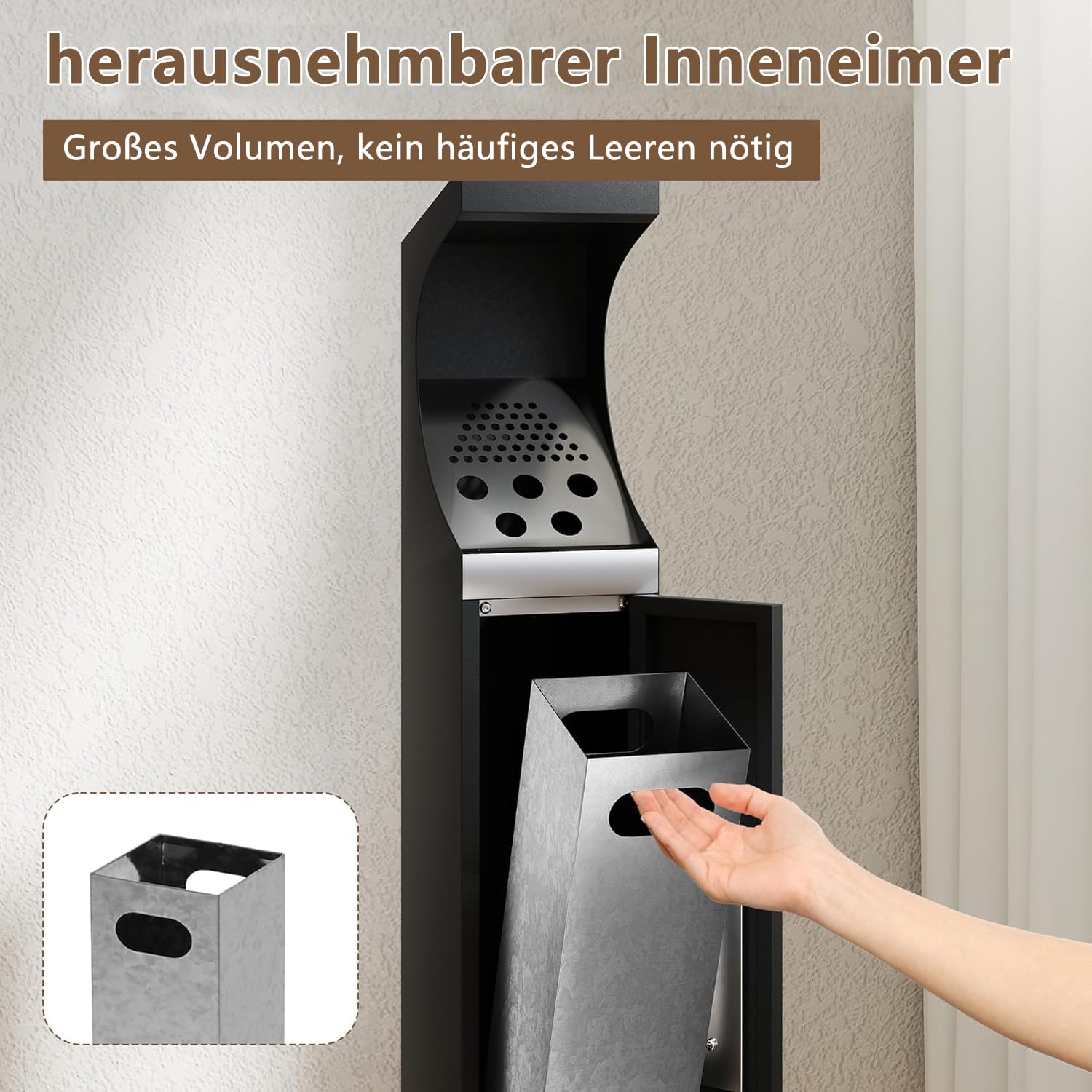 Gewerbe Stahl Papierkorb Outdoor, wasserdicht stehender Mülleimer mit abnehmbarem Inneneimer, große Kapazität robuster Papiereimer für Home Büro Park Hotel Lobby 17x17x93 cm