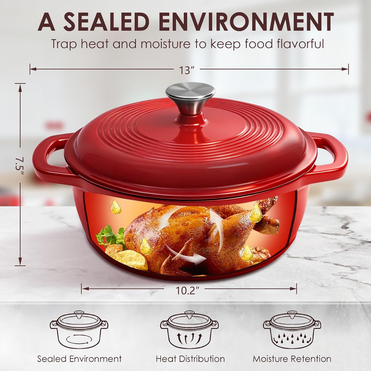 Enameled Cast Iron Dutch Oven Pot With Lid - AIVIKI 5QT Dutch Oven for Bread Baking With Cotton Potholders - Heavy-Duty Cookware for Braising, Stew, Roasting, Oven Safe up to 500°F, Red - Image 2